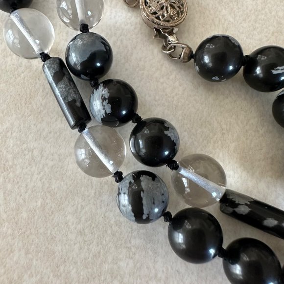 Sterling silver vintage black snowflake obsidian clear glass beaded necklace - Picture 3 of 8